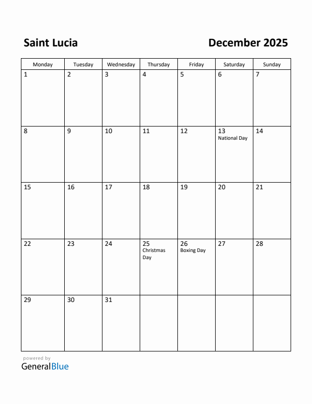 December 2025 Calendar with Saint Lucia Holidays