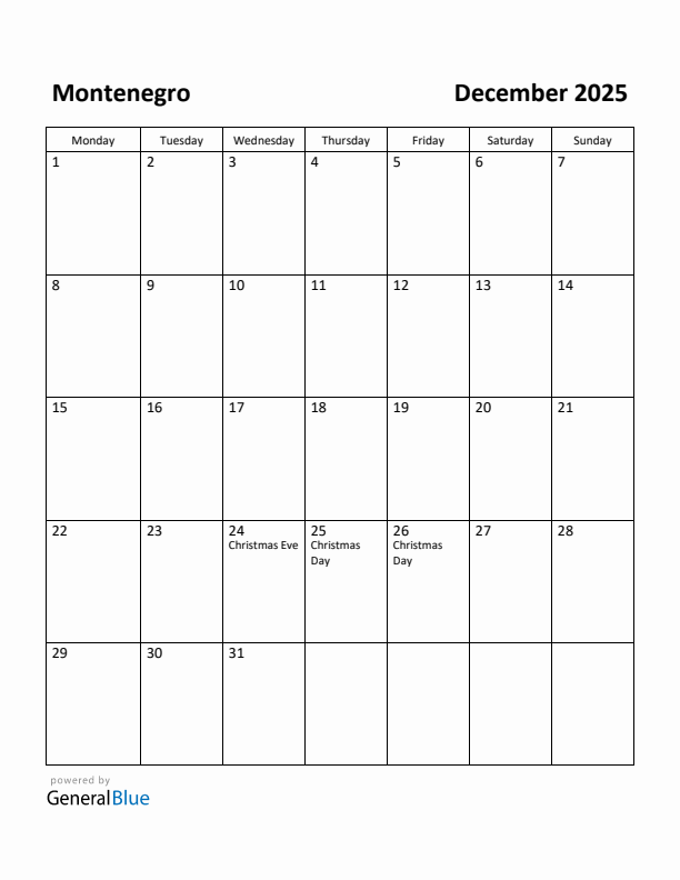December 2025 Calendar with Montenegro Holidays