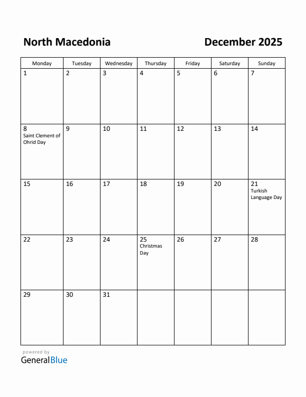 December 2025 Calendar with North Macedonia Holidays