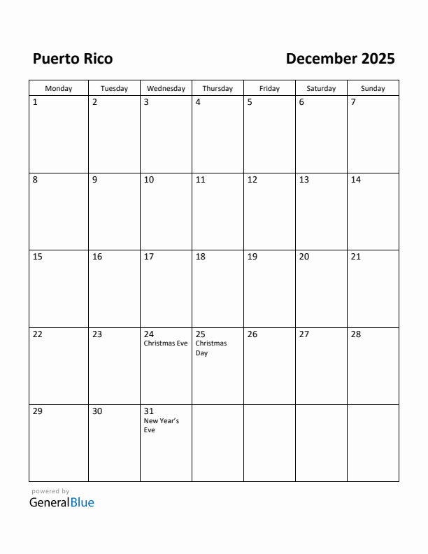 December 2025 Calendar with Puerto Rico Holidays
