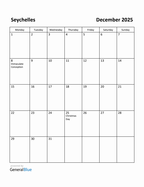 December 2025 Calendar with Seychelles Holidays