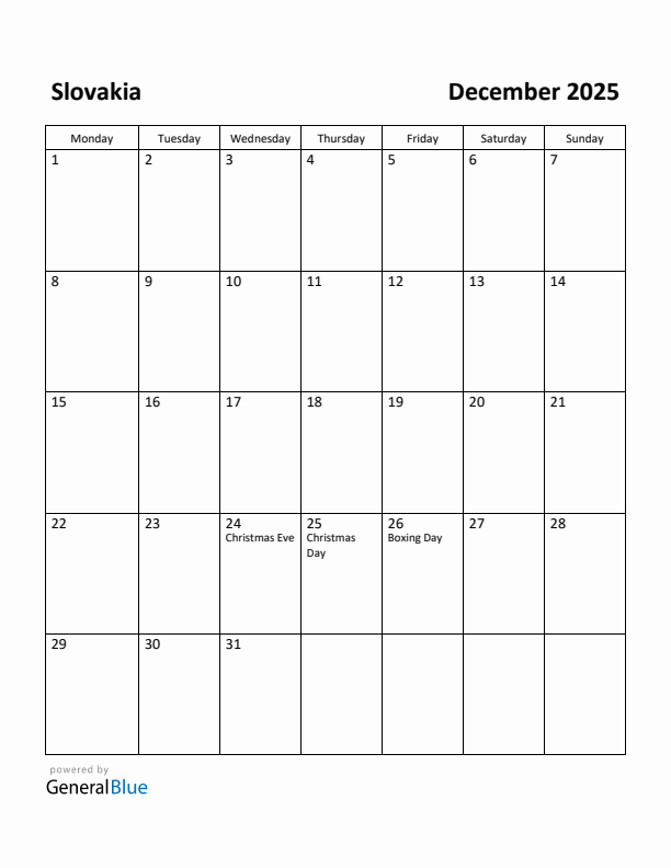 December 2025 Calendar with Slovakia Holidays