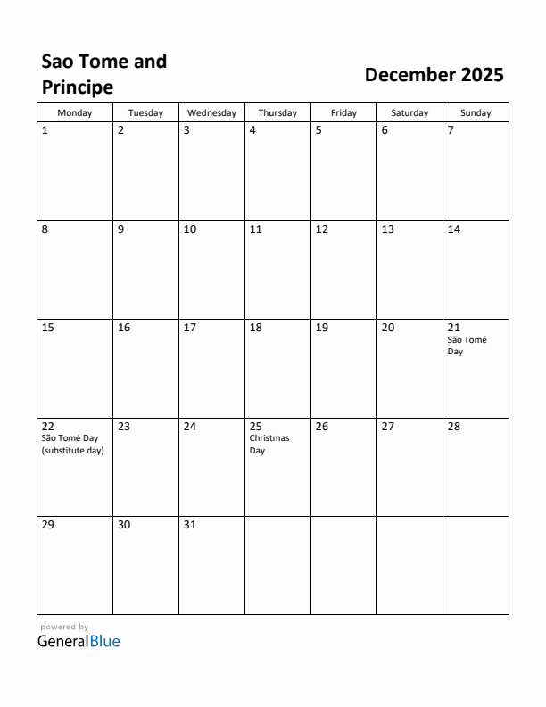 December 2025 Calendar with Sao Tome and Principe Holidays