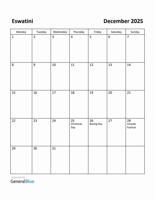 December 2025 Calendar with Eswatini Holidays