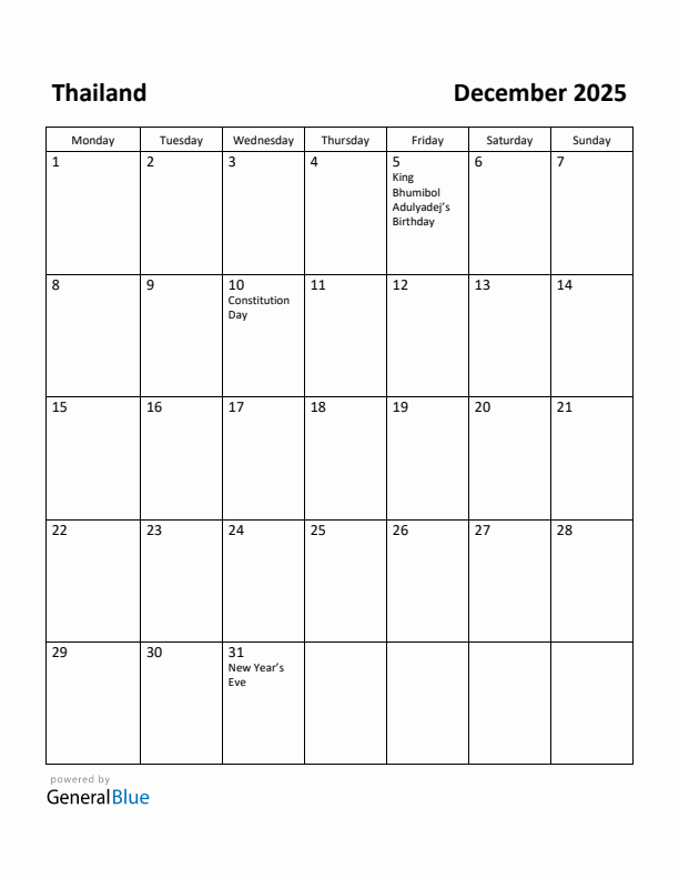 December 2025 Calendar with Thailand Holidays