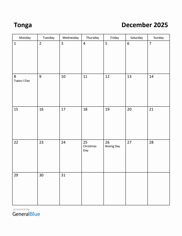 December 2025 Calendar with Tonga Holidays