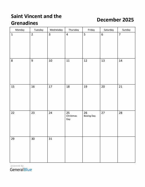 December 2025 Calendar with Saint Vincent and the Grenadines Holidays