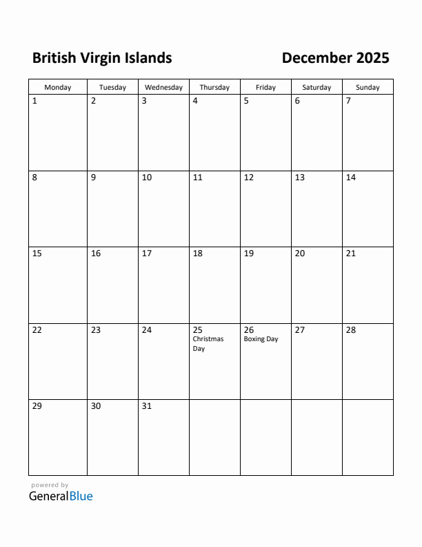 December 2025 Calendar with British Virgin Islands Holidays