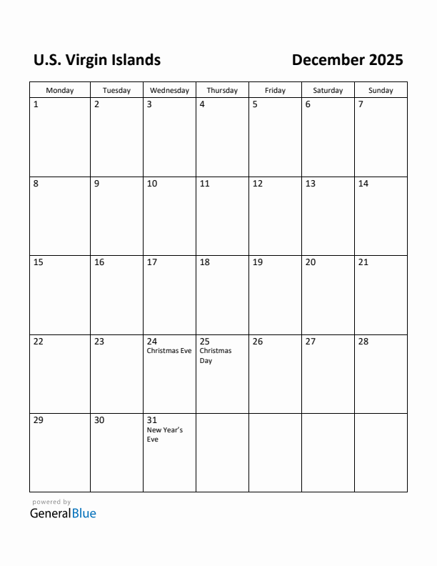 December 2025 Calendar with U.S. Virgin Islands Holidays