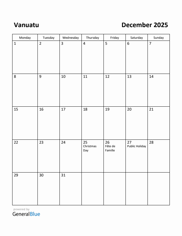 December 2025 Calendar with Vanuatu Holidays