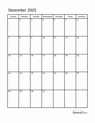 Last month calendar December 2025