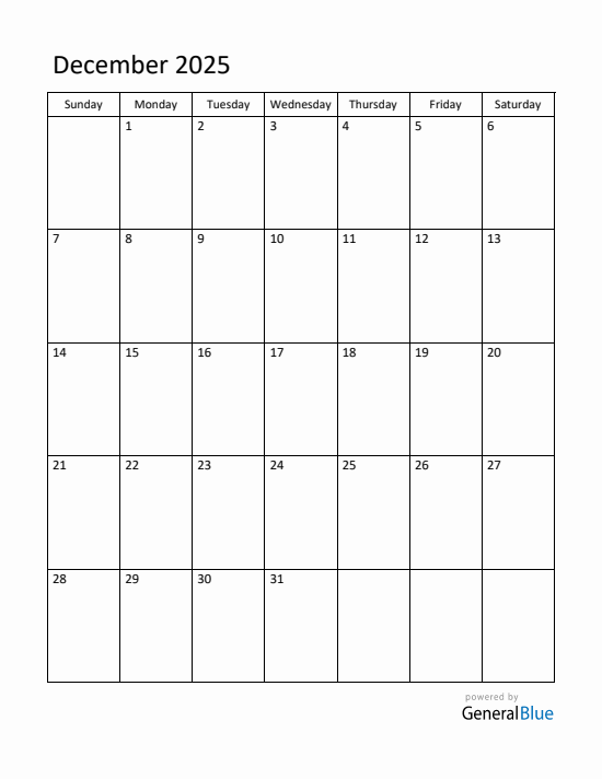 Current month calendar December 2025