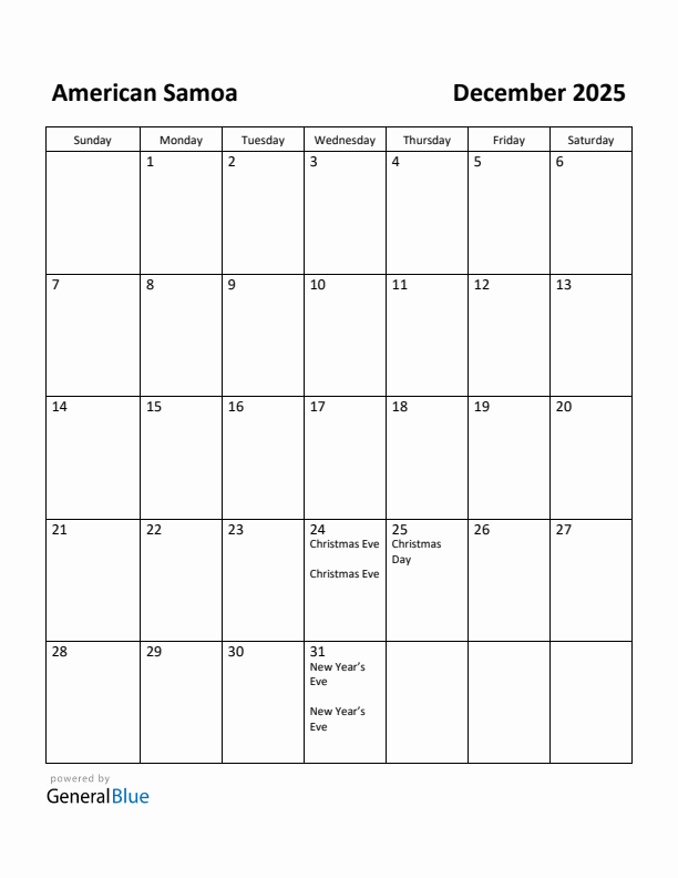 December 2025 Calendar with American Samoa Holidays