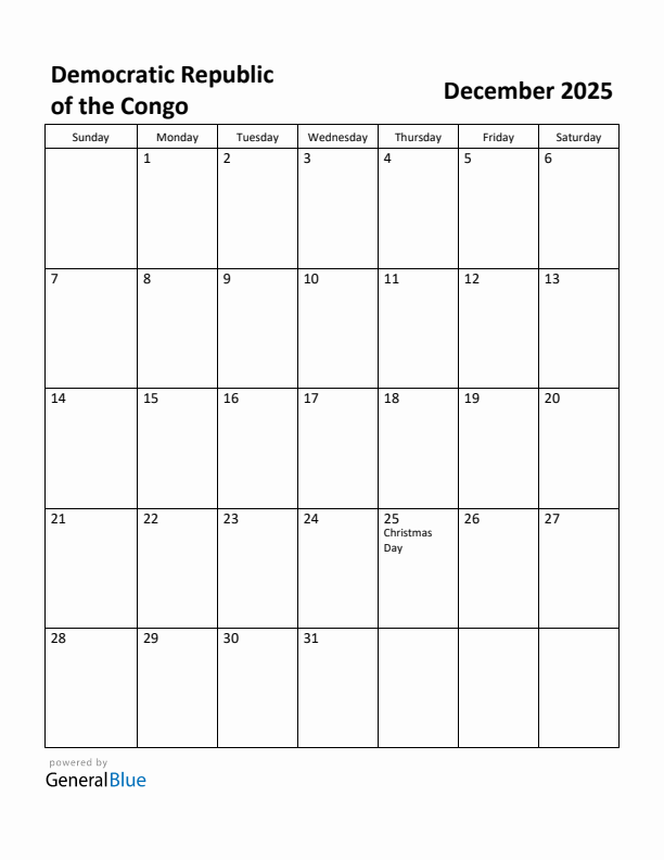 December 2025 Calendar with Democratic Republic of the Congo Holidays
