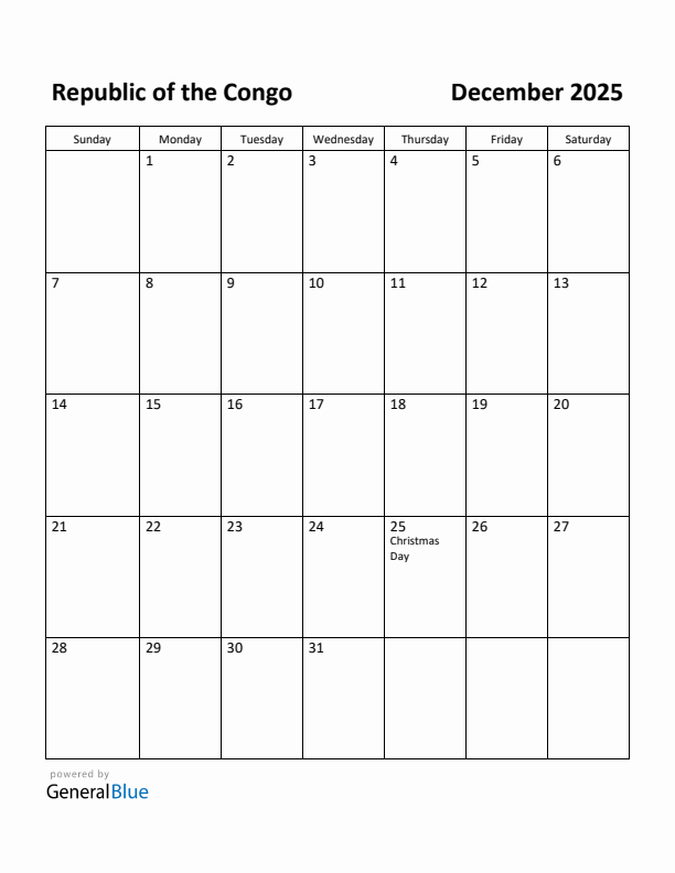 December 2025 Calendar with Republic of the Congo Holidays