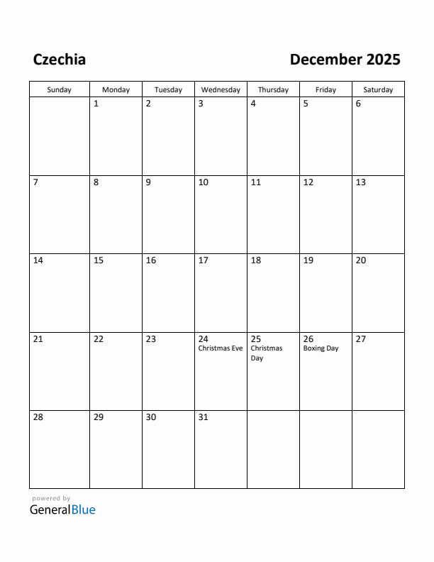 December 2025 Calendar with Czechia Holidays