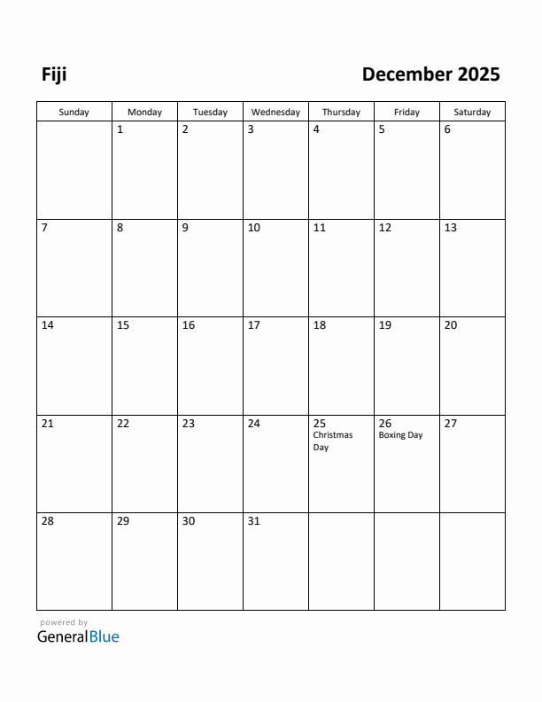 December 2025 Calendar with Fiji Holidays