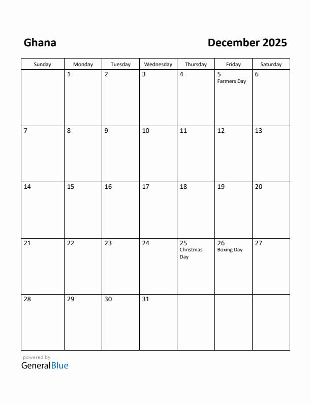 December 2025 Calendar with Ghana Holidays