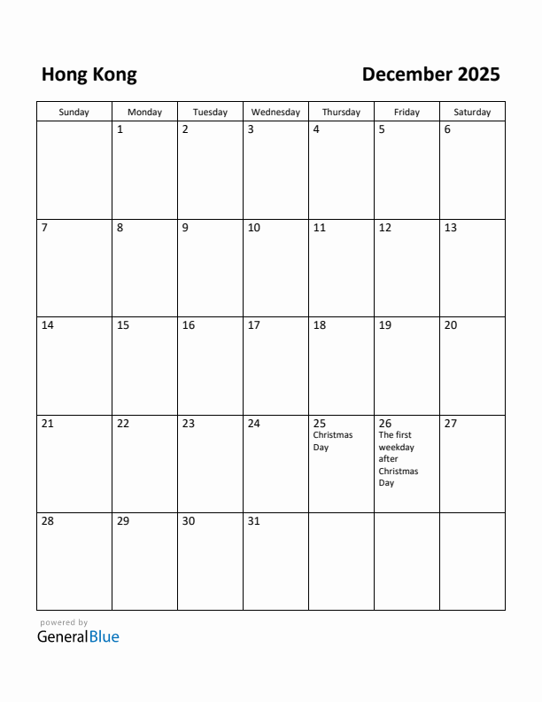 December 2025 Calendar with Hong Kong Holidays