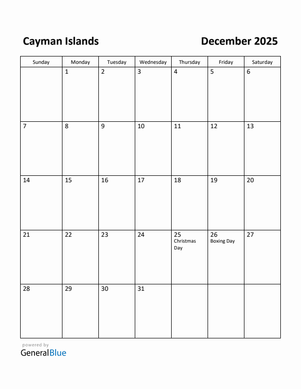 December 2025 Calendar with Cayman Islands Holidays
