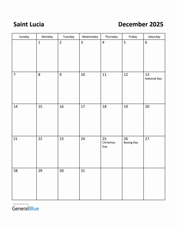December 2025 Calendar with Saint Lucia Holidays