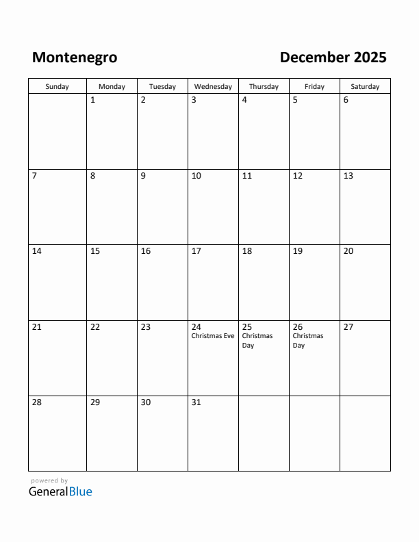 December 2025 Calendar with Montenegro Holidays