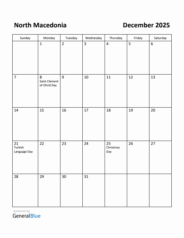 December 2025 Calendar with North Macedonia Holidays