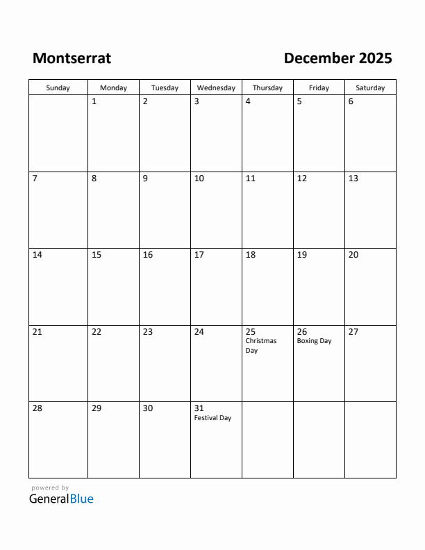 December 2025 Calendar with Montserrat Holidays