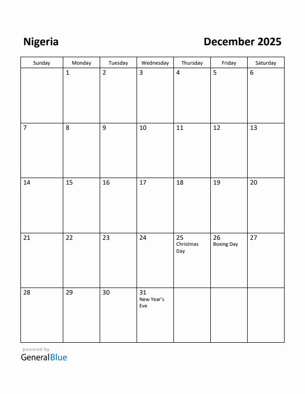 December 2025 Calendar with Nigeria Holidays
