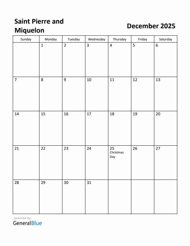 December 2025 Calendar with Saint Pierre and Miquelon Holidays