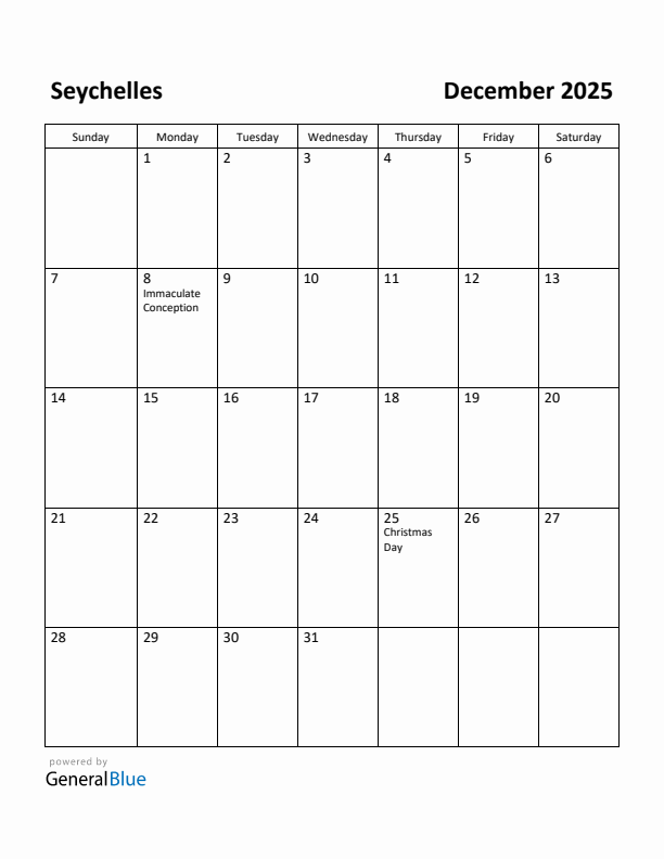 December 2025 Calendar with Seychelles Holidays