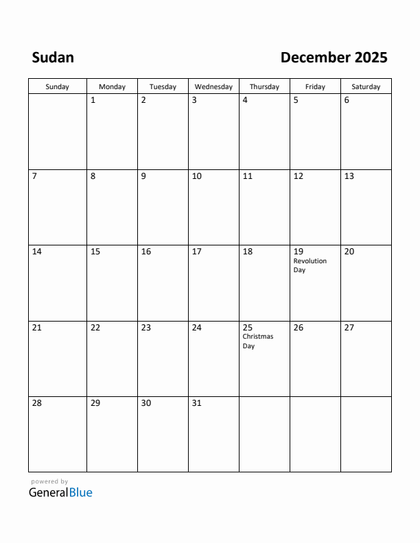 December 2025 Calendar with Sudan Holidays