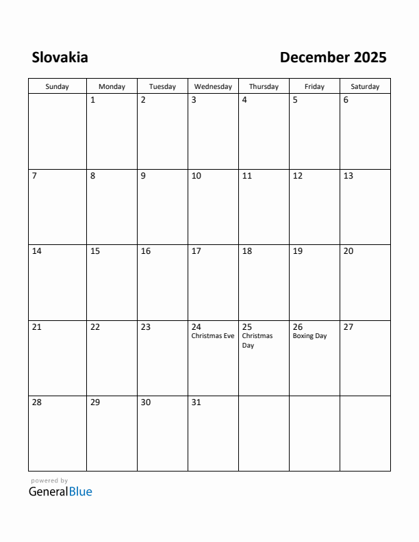 December 2025 Calendar with Slovakia Holidays