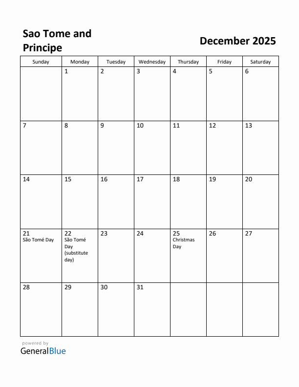 December 2025 Calendar with Sao Tome and Principe Holidays