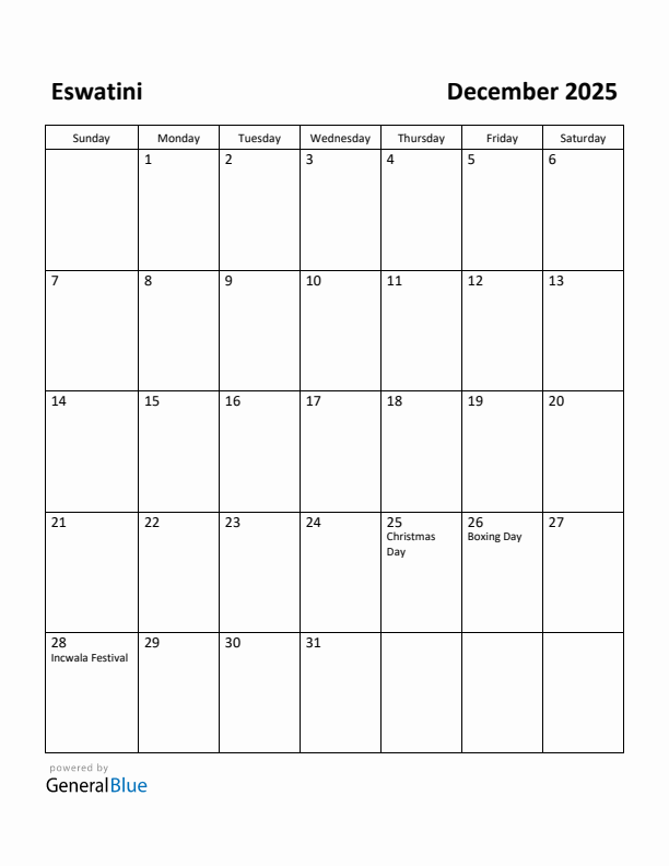 December 2025 Calendar with Eswatini Holidays