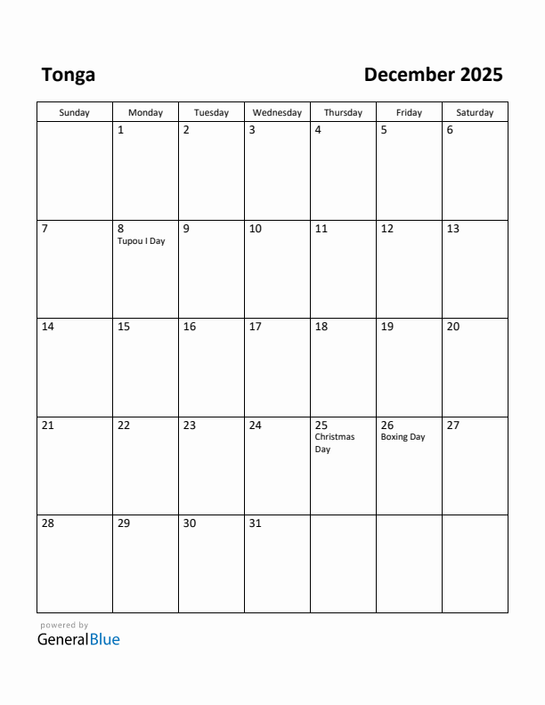 December 2025 Calendar with Tonga Holidays