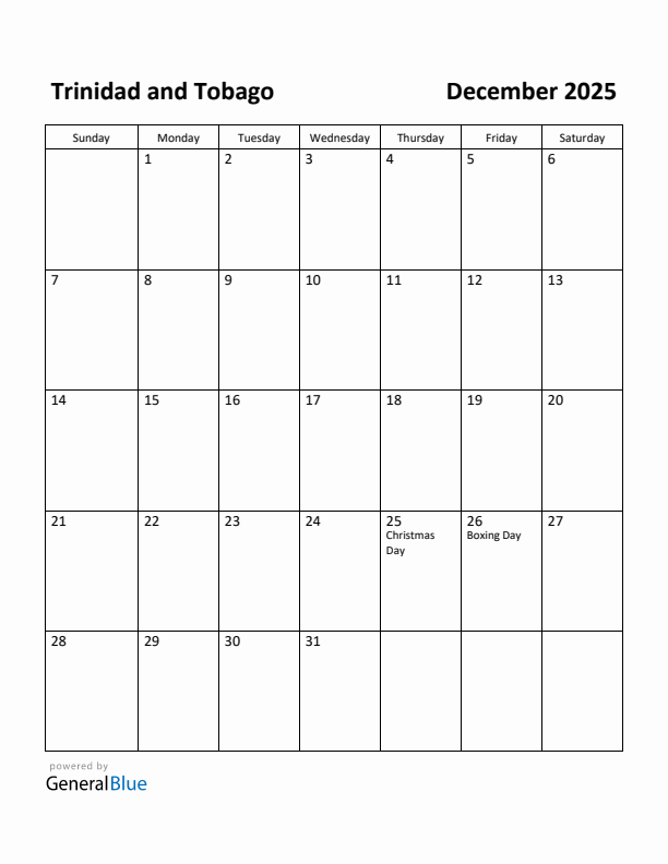 December 2025 Calendar with Trinidad and Tobago Holidays