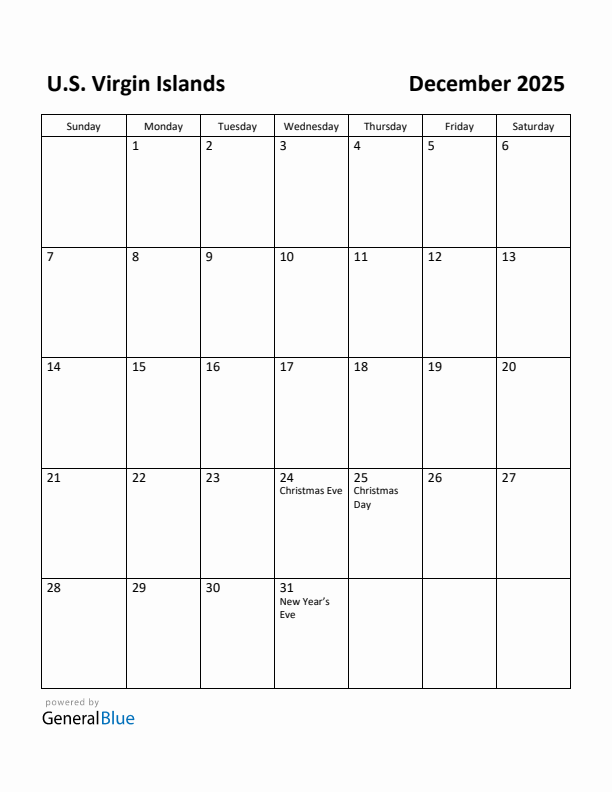 December 2025 Calendar with U.S. Virgin Islands Holidays