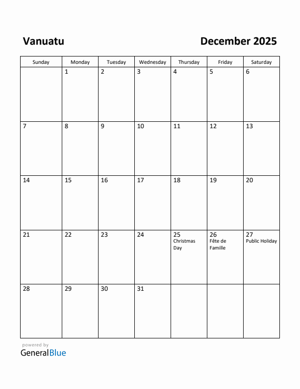 December 2025 Calendar with Vanuatu Holidays
