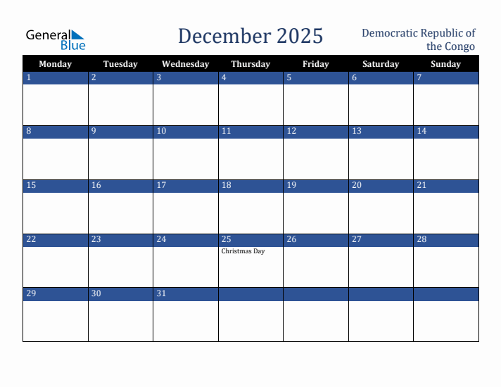 December 2025 Democratic Republic of the Congo Calendar (Monday Start)