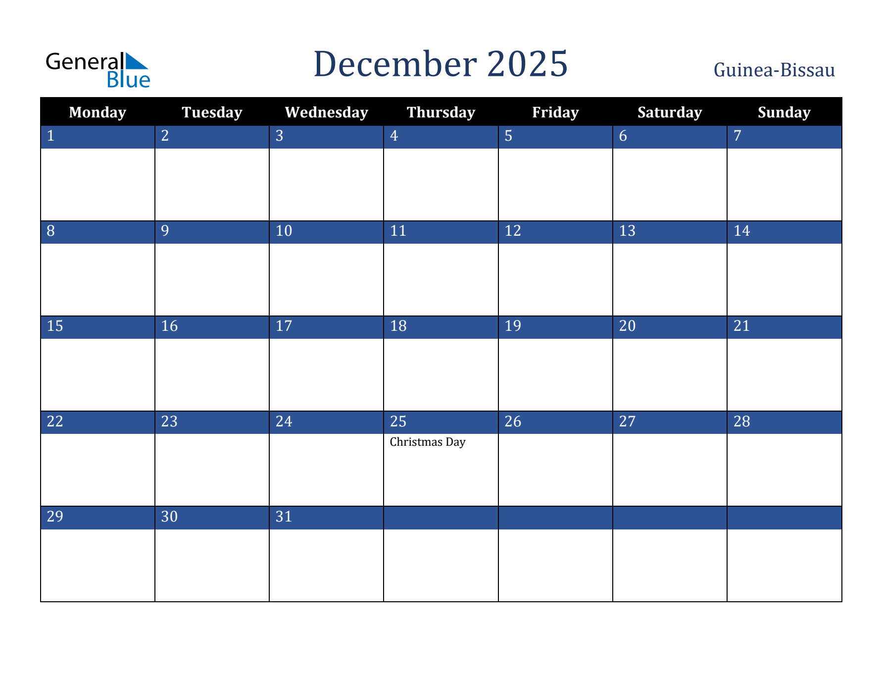 December 2025 Guinea-Bissau Calendar (Monday Start)