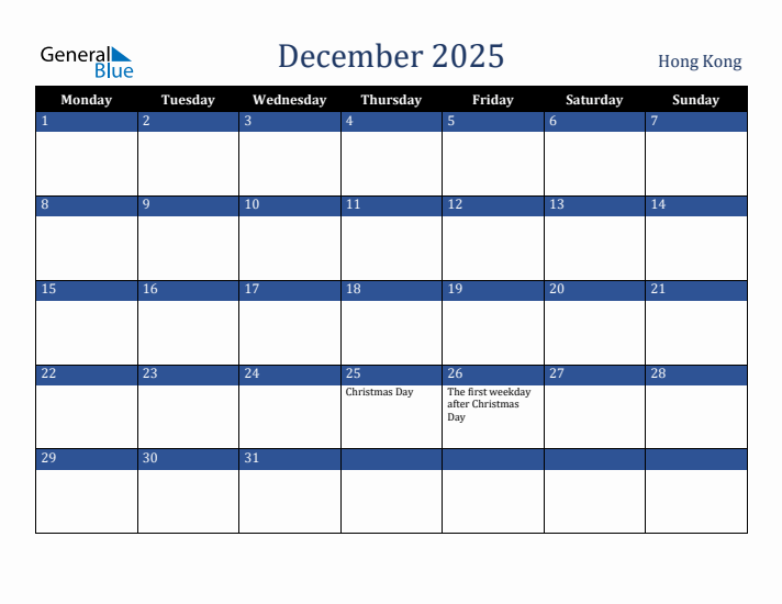 December 2025 Hong Kong Calendar (Monday Start)