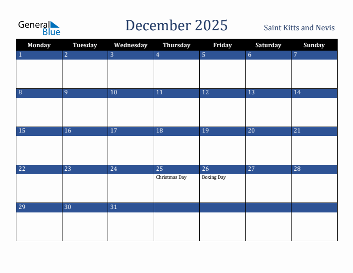 December 2025 Saint Kitts and Nevis Calendar (Monday Start)