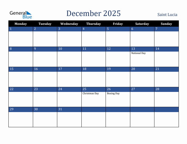 December 2025 Saint Lucia Calendar (Monday Start)