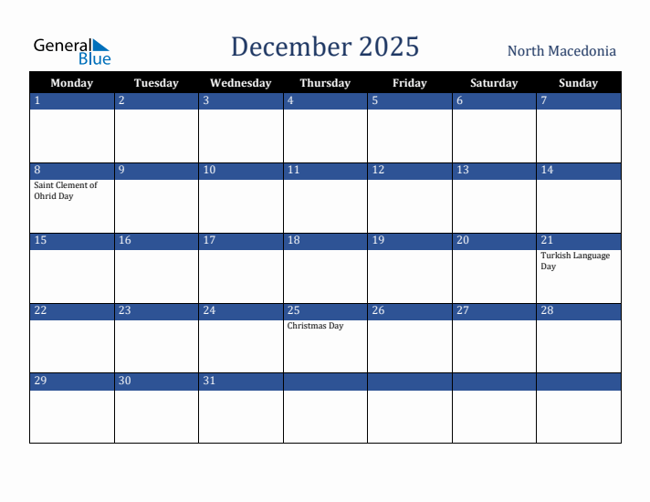 December 2025 North Macedonia Calendar (Monday Start)