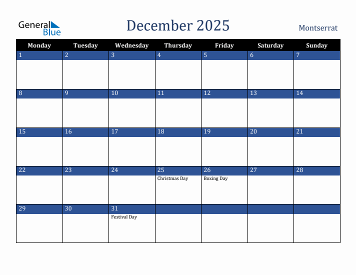 December 2025 Montserrat Calendar (Monday Start)
