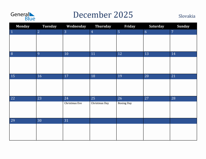 December 2025 Slovakia Calendar (Monday Start)