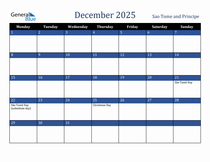 December 2025 Sao Tome and Principe Calendar (Monday Start)