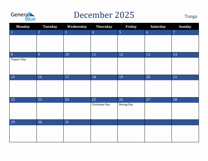 December 2025 Tonga Calendar (Monday Start)