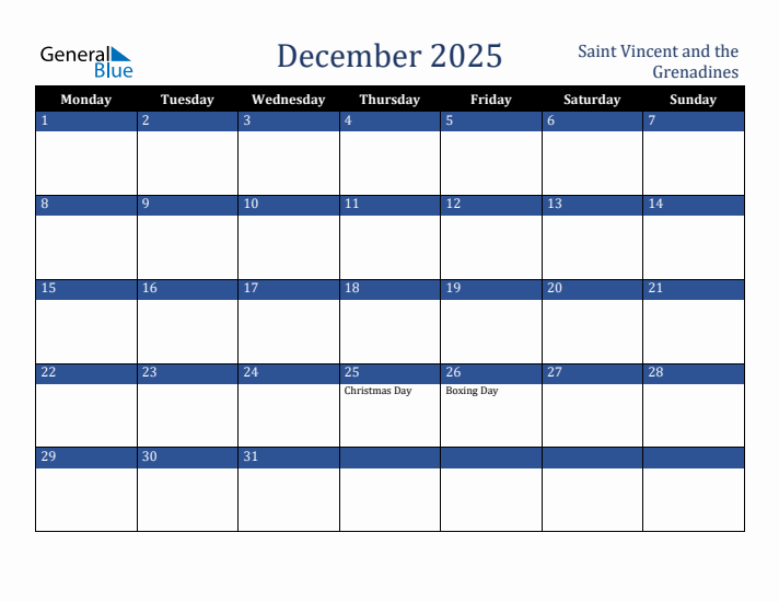 December 2025 Saint Vincent and the Grenadines Calendar (Monday Start)